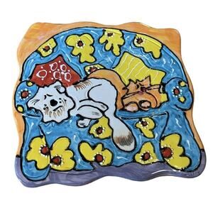 Coyne's Company Hand Painted Dog & Cat Plate Two Fun Snooze 2002 Debby Carman